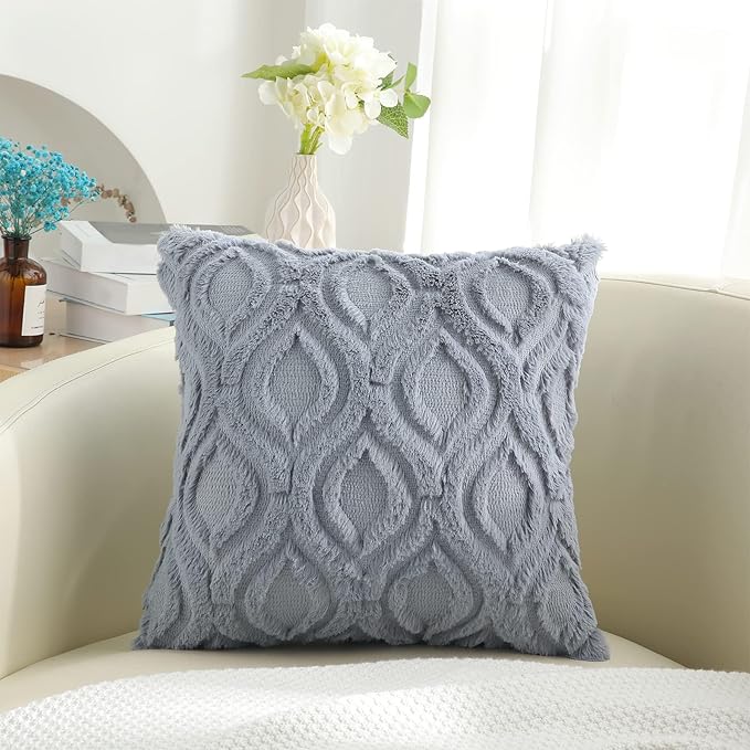 decorUhome Throw Pillow Covers 16x16 Inch Set of 2, Soft Plush Faux Wool Blue Grey Solid Couch Pillow Covers, Accent Farmhouse Neutral Square Pillow Cases for Sofa Bed Living Room