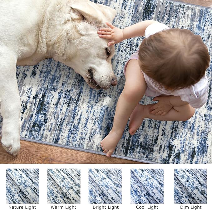 Lansny Modern Abstract Runner Rug 2x12, Grey Blue White Washable Long Kitchen Runner Non-Slip Soft Hallway Rug Runner Thin Print Faux Wool Carpet for Entryway Bedroom Laundry Room Indoor Home Decor
