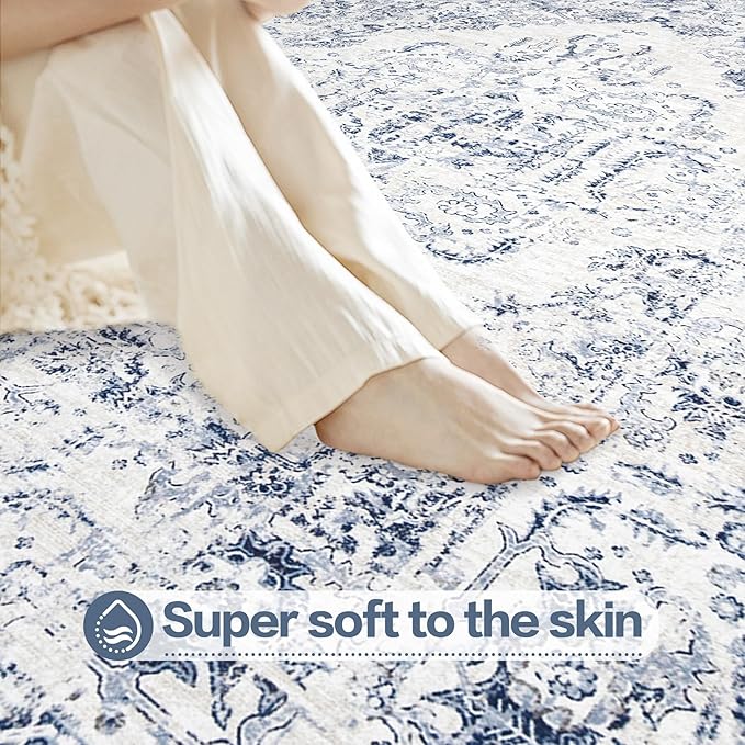 5x7 Area Rugs for Living Room: Washable Rug Vintage Large Rugs Soft Non Slip Low Pile Rug Floral Distressed Floor Carpet for Bedroom Kitchen Nursery Dining Room Home Office (Blue, 5'x7')