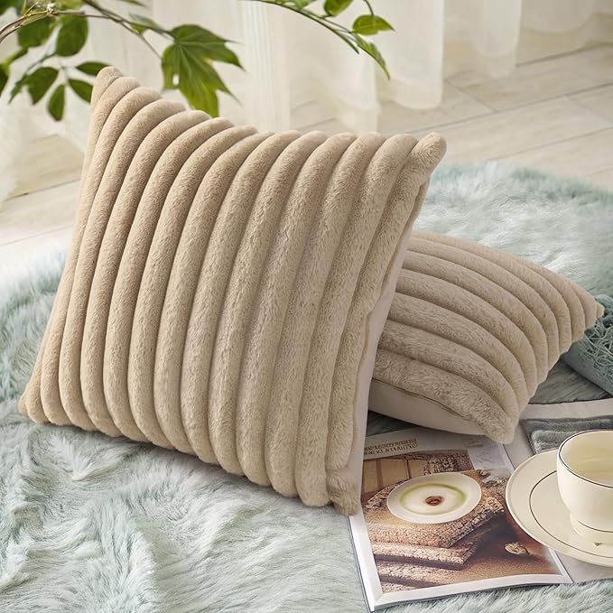 decorUhome Cozy Faux Fur Throw Pillow Covers 26x26 Set of 2 Decorative Soft Plush Striped Modern Farmhouse Boho Couch Euro Sham Pillow Cases with Velvet Back for Sofa Bed Living Room, Khaki Brown