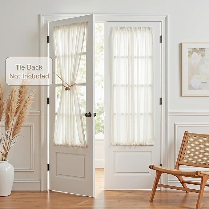 MYSKY HOME Natural French Door Curtains for Door Window 40 Inch Long Short Semi Sheer Light Filtering Curtain for Small Window Drapes Rod Pocket for Bedroom Bathroom, Beige White, 26" Wide, 2 Panels