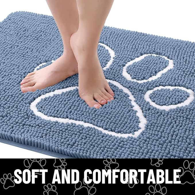 Smiry Dog Door Mat for Muddy Paws, Absorbent Dirt Trapper Non Slip Quick Dry Washable Chenille Mat for Mud Dogs, Entry Rug for Indoor and Outdoor (59x24 Inches, Airy Blue and White)