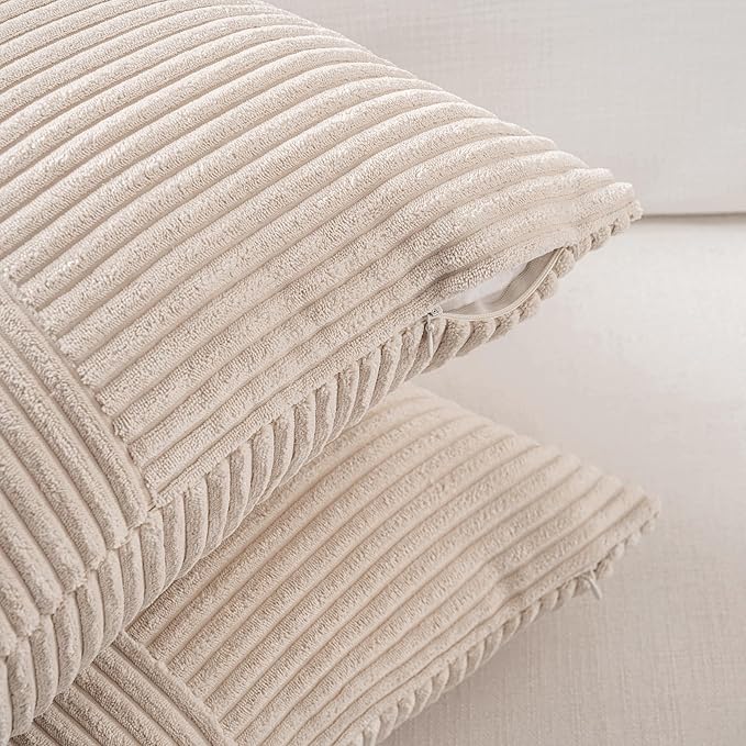 Fancy Homi 2 Packs Tan Lumbar Decorative Throw Pillow Covers 14x22 Inch for Living Room Couch Bed Sofa, Boho Home Decor, Soft Striped Corduroy Rectangle Accent Beige Cushion Case 35x55 cm