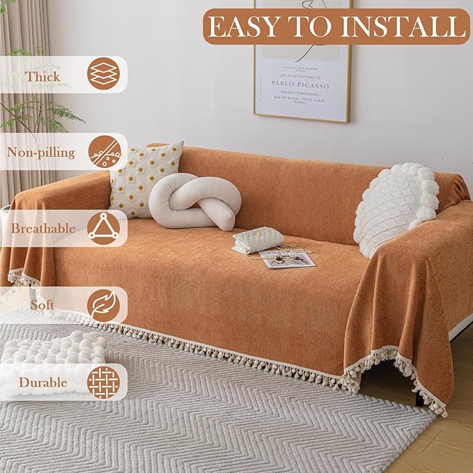 HANDONTIME Dark Orange Sofa Covers Couch Cover for Dogs Colorful Tassel Lovetseat Cover Pet Couch Cover Bohemian Sofa Cover for Couch Vintage Boho Couch Covers Futon Cover Pet-Friendly, 91" X134"