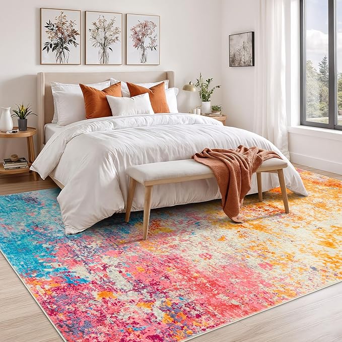 Rugflix 5x7 Area Rugs for Living Room, Washable Large Multicolor Rug Stain-Resistant Low Pile, Modern Carpet for Dining Room Home Office Kid Room Nursery Bedroom, Colorful Rainbow