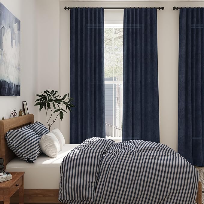 Nanspring Navy Blue Curtains 80 Inches Length for Living Room Back Tab Rod Pocket Semi Sheer Linen Drapes Muted Neutral Boho Indigo Blue Linen Textured Window Curtain for Dining Room 52X80 Inch