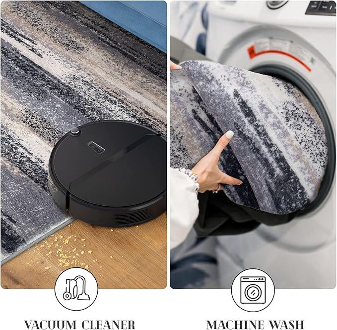 Lansny Modern Abstract Runner Rug 2.6x8, Grey Black Multi Washable Kitchen Runner Non-Slip Soft Hallway Rug Runner Thin Print Faux Wool Carpet for Entryway Bedroom Laundry Room Indoor Home Decor