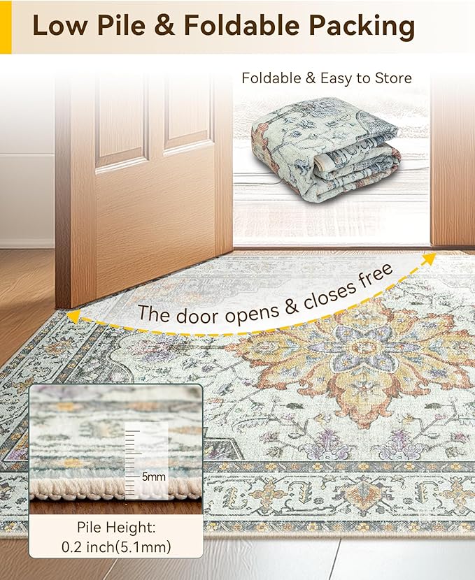 Area Rugs 2'6''x12' Runner Rug Non Slip Washable for Kitchen Hallway Bedroom Beside Laundry Room Bathroom Rug, Floor Carpet, Light Yellow Carbon Grey Orange