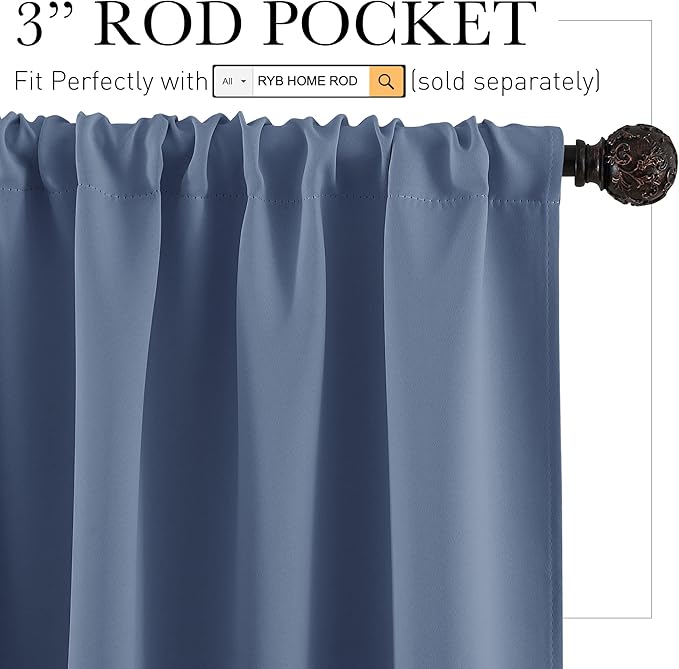 RYB HOME Blackout French Door Window Curtain Covering, Rod Pocket Thermal Insulated Privacy Non See Through Drapes for Bathroom Window, Width 29 by Length 45, Stone Blue, 2 Panels