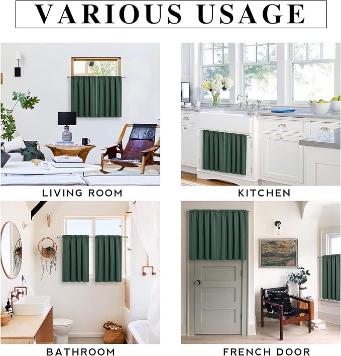 RYB HOME Short Blackout Curtains for Bedroom, Room Darkening Insulated Summer Heat Light UV Blocking Energy Saving Drapes for Nursery, Width 34 by Length 48, Dark Green, Set of 2