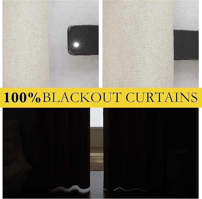 NICETOWN Natural Bedroom Full Blackout Linen Curtain Panels Set of 2, 52" by 72", Cold Reducing Thick Insulated Classic Grommet Blackout Draperies with White Thermal Insulated Liner for Windows