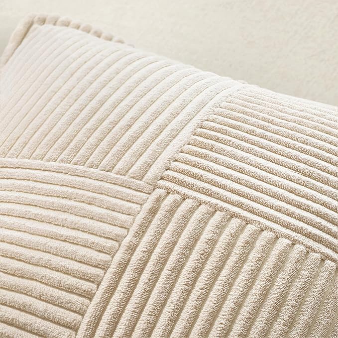 MIULEE Decorative Lumbar Throw Pillow Covers for Couch Bed Livingroom 14x22 Inch Set of 2 Beige Boho Accent Throw Pllows Broadside Striped Patchwork Soft Corduroy Pillowcases