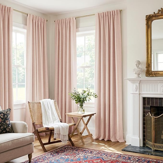 100% Blackout Shield Creamy Peach Linen Blackout Curtains for Bedroom 84 Inches Long, Back Tab/Rod Pocket Living Room Drapes, Thermal Insulated Blackout Curtains 2 Panels Set, 50" W x 84" L