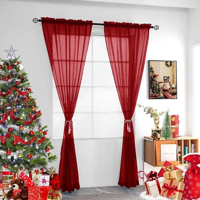 youleyar Solid Sheer Rod Pocket Curtain Voile Draperies 4 Panels White Beige Black Grey Ivory 52 Inch Width 84 Inch Long 1 Pair for Kitchen Bedroom Children Living Room Yard(Christmas Red,52 Wｘ84 L)
