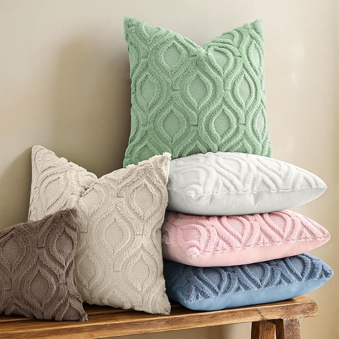 decorUhome Throw Pillow Covers 16x16 Inch Set of 2, Soft Plush Faux Wool Sage Green Solid Couch Pillow Covers, Accent Farmhouse Neutral Square Pillow Cases for Sofa Bed Living Room