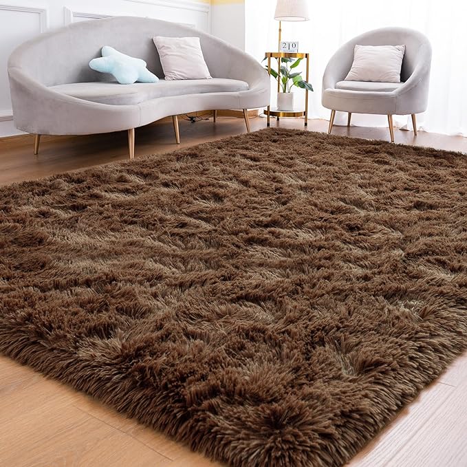 Goideal Fluffy Rug for Bedroom Living Room, 6x9 Brown Area Rugs, Faux Fur Shag Modern Carpet Ultra Soft Girls Boys Room Home Decor, Solid