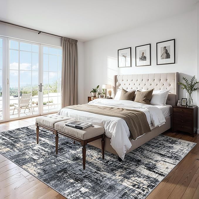 Area Rugs Living Room Rug - 5x7 Washable Modern Abstract Soft Neutral Non-Slip Carpet Large Indoor Floor Thin Carpets for Bedroom Dining Room Farmhouse Nursery Home Office Black Gold