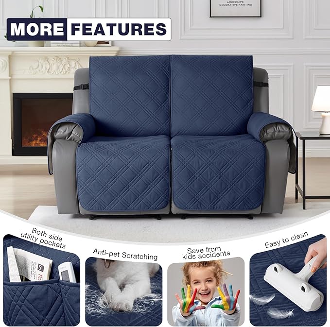 TAOCOCO 100% Waterproof Loveseat Recliner Cover, Non Slip Split Loveseat Covers for Reclining Loveseat with Elastic Straps, Washable Recliner Chair/Furniture Protector for Pets(2 Seater, Navy Blue)