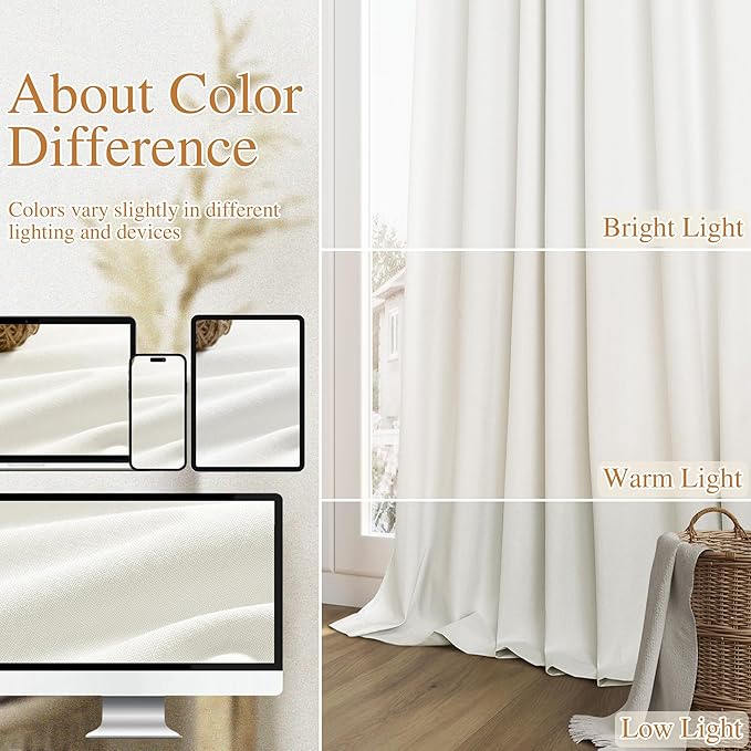 Guken Ivory 100% Blackout Linen Curtains 96 Inch Length 2 Panels Set for Living Room Bedroom Back Tab/Rod Pocket Thermal Insulated Black Out Drapes Room Darkening Window Curtains 96 Inches Long