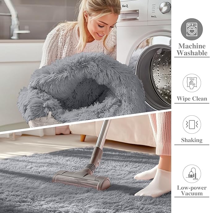 OLANLY 2x2 Machine Washable Small Rug, Soft Fluffy Shaggy Throw Rug for Bedroom, Entryway, Indoor Floor Carpet for Kids, Nursery, Home Decor, Light Grey