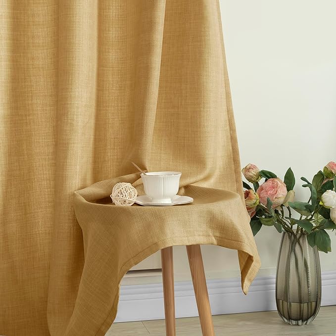 LAMIT Linen Curtains 95 Inch for Living Room, Grommet Thick Linen Textured Sheer Curtains Light Filtering Privacy Neutral Drapes for Bedroom, Set of 2 Panels, 52 x 95 Inch, Caramel Brown