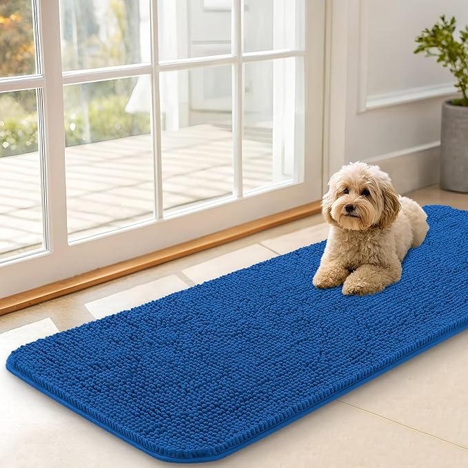 OLANLY Dog Door Mat for Muddy Paws 47x17, Absorbs Moisture and Dirt, Absorbent Non-Slip Washable Doormat, Quick Dry Chenille Mud Mat, Entry Indoor Entryway Carpet for Inside Floor, Deep Navy Blue