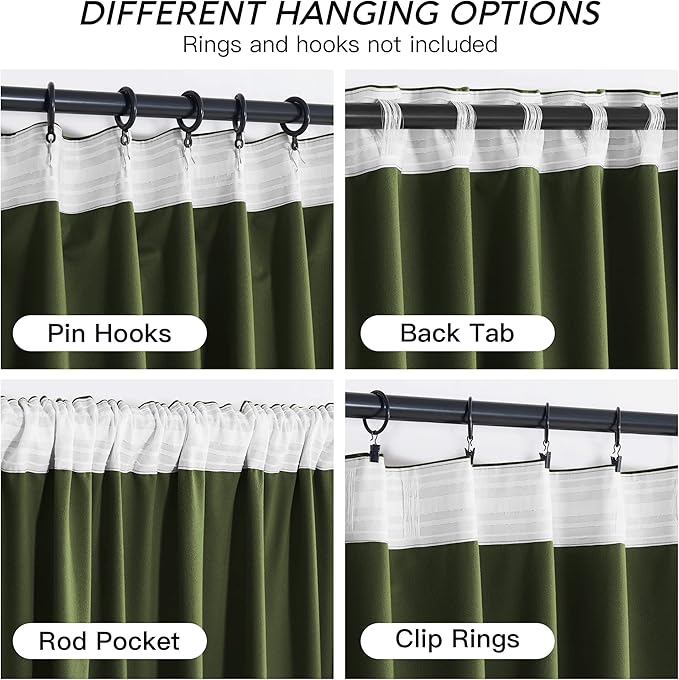 RYB HOME Green Velvet Curtains 108 inch, Solid Room Darkening Window Curtains for Living Room Light & Draft Block Privacy Backdrop with Pleat Tape Pocket& Tabs, Olive Green, W52 x L108 inch, 2 Panels