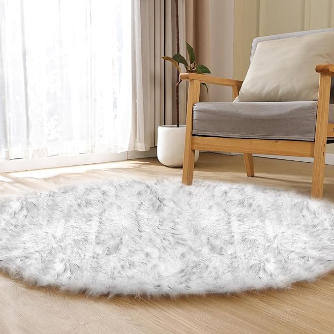 ORINOVA White and Grey Round Rugs 6ft Circle Furry Rug for Living Room Washable Shag Faux Sheepskin Fluffy Fur Rugs for Bedroom Nursery Rug