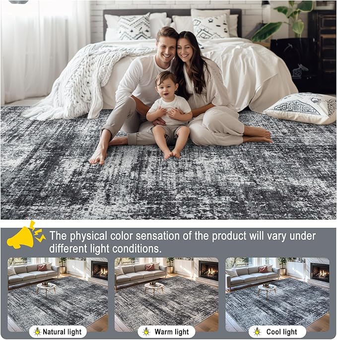 Area Rugs Living Room Rug - 4x6 Washable Modern Abstract Soft Neutral Non-Slip Carpet Large Indoor Floor Thin Carpets for Bedroom Dining Room Farmhouse Nursery Home Office Dark Black