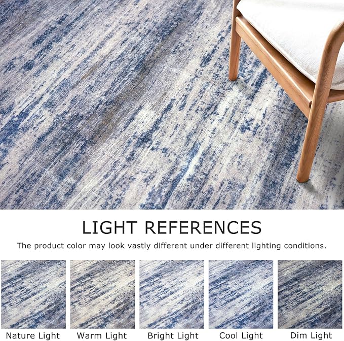 KOZYFLY Modern Abstract Round Washable Rug 5Ft, Non-Slip Soft Kitchen Bathroom Circle Rug, Grey-Blue Striped Entryway Rugs Abstract Faux Wool Doormat for Bedside Entrance Bedroom Sink