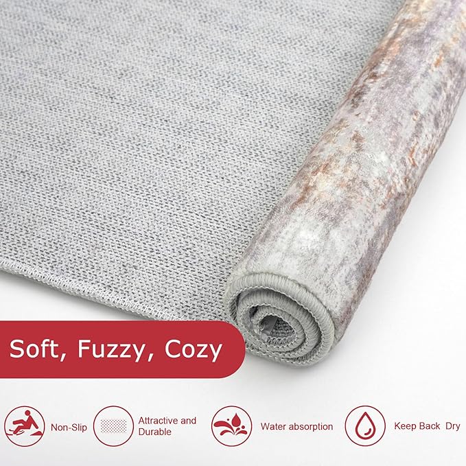 KOZYFLY Modern Abstract 4x6 Rug Washable Large Rugs for Entryway Non-Slip Soft Living Room Rug, Print Multi Grey/Orange Throw Rugs Indoor Mat for High-Traffic Door Entrance