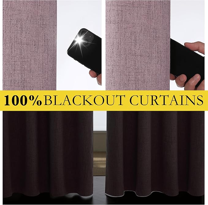 NICETOWN Chaise Mauve Vintage Linen 100% Blackout Curtains for Living Room, Thermal Insulated Curtains 45" Long, Noise Reducing Window Treatment Drapes for Hall Room, 52" Wide Per Panel, Set of 2
