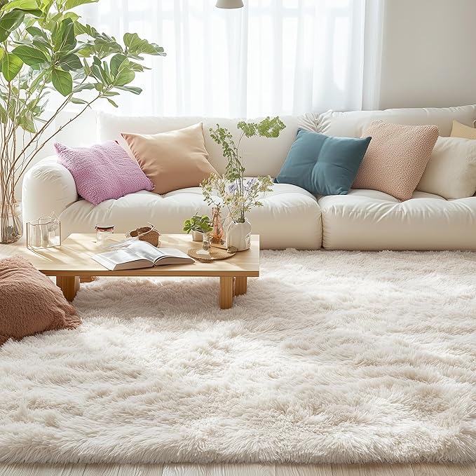 OLANLY 5x12 Machine Washable Large Area Rugs for Living Room, Bedroom, Soft Fluffy Shaggy Bedside Rug, Indoor Floor Carpet for Kids Girls and Boys, Dorms, Nursery, Home Decor Aesthetic, Ivory
