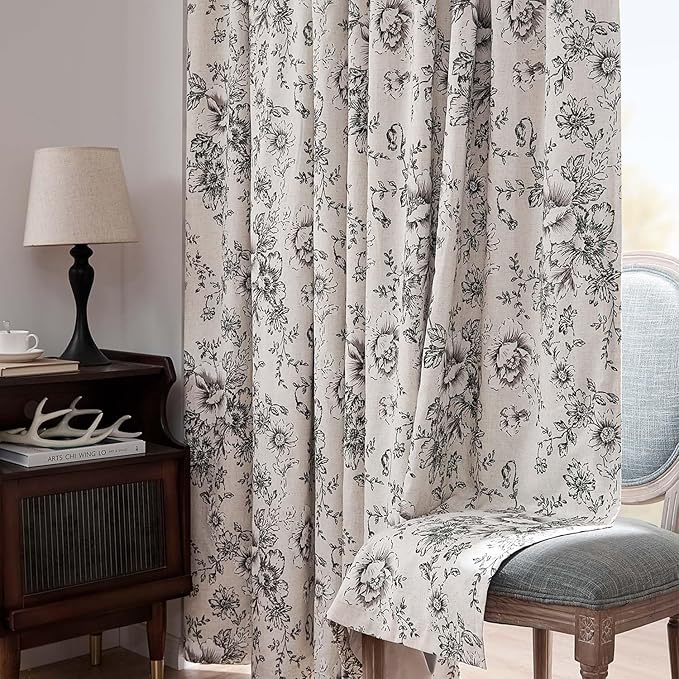 jinchan Blackout Floral Curtains for Living Room Bedroom Linen Blend Curtain Farmhouse Black Printed with Lined Back Tab Rod Pocket Drapes Window Treatments 2 Panels 120 Inch