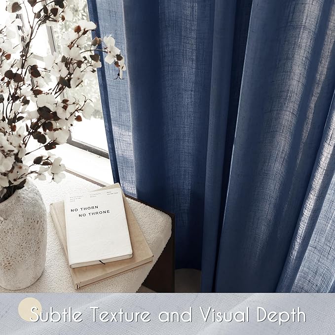 Navy Blue Curtains 86 inch Length for Bedroom Back Tab Light Filtering Semi Sheer Blue Living Room Curtains Linen Cotton Textured Indigo Blue Drapery Panel Modern Farmhouse Aesthetic Decor Dark Blue