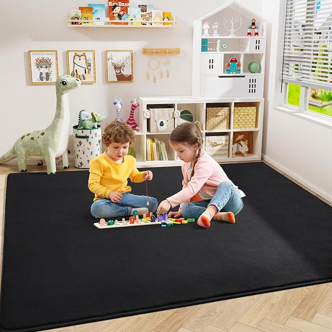 Amearea Large Modern Area Rugs for Bedroom Living Room, 8x10 Feet Black Thickened Memory Foam Rug, Fluffy Indoor Washable Rugs Non Slip Minimalist Carpet for Boys Girls Dorm Nursery Room Decor