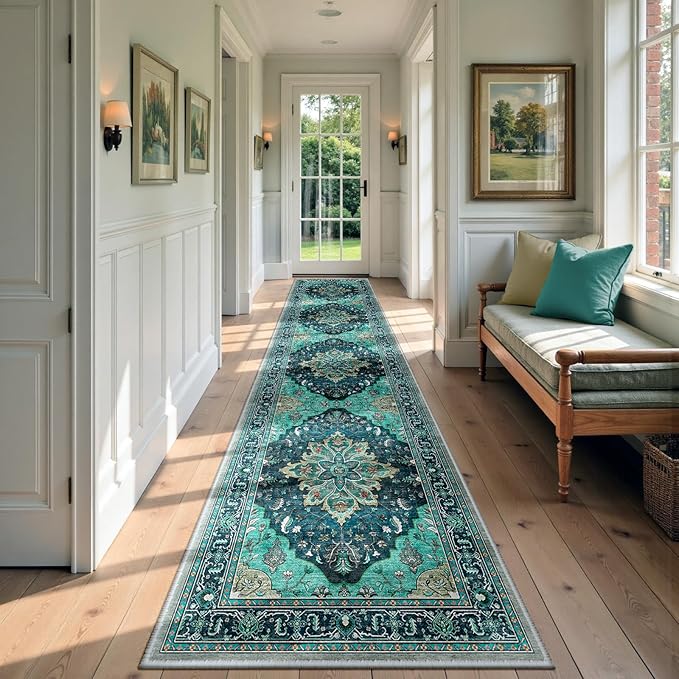 Area Rugs 2'x9' Runner Rug Non Slip Washable for Kitchen Hallway Bedroom Beside Laundry Room Bathroom Rug, Floor Carpet, Teal Green Lake Blue Turquoise