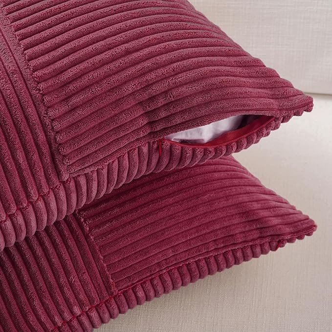 Fancy Homi 2 Packs Burgundy Lumbar Decorative Throw Pillow Covers 16x32 Inch for Living Room Couch Bed, Farmhouse Boho Home Decor, Soft Striped Corduroy Rectangle Accent Cushion Case 40x80 cm