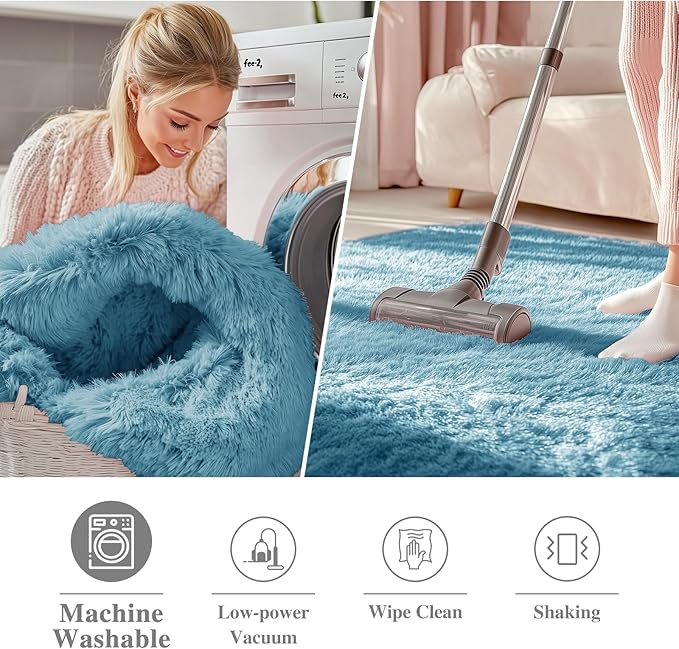 OLANLY Slate Blue Round Rugs for Bedroom - Machine Washable, 6 ft Circle Area Rugs for Living Room, Soft and Fluffy Shaggy Carpet for Teen Girl and Boys, Nursery Rooms, Dorms, Home Decor Aesthetic