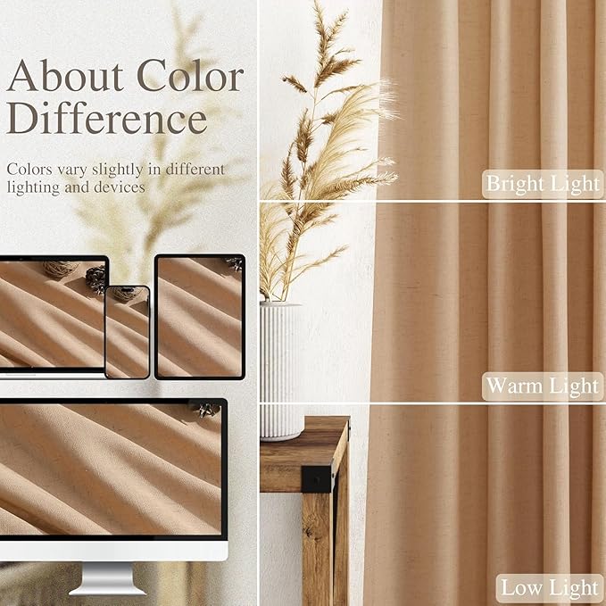 Nanspring Camel Linen Curtains for Living Room Extra Long 132 Inches Long Back Tab Light Filtering Semi Sheer Curtain Vintage Rustic Decor Floor to Ceiling High Window for Bedroom 52x132, 2 Panels