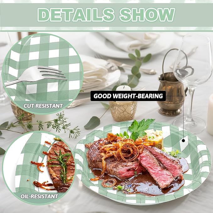 32 Pcs Sage Green Gingham Party Plates - 9 Inch Checkered Plaid Dessert Plates Disposable Sage Green and White Paper Plate - For Picnic BBQ Birthday Dinner Party Supplies