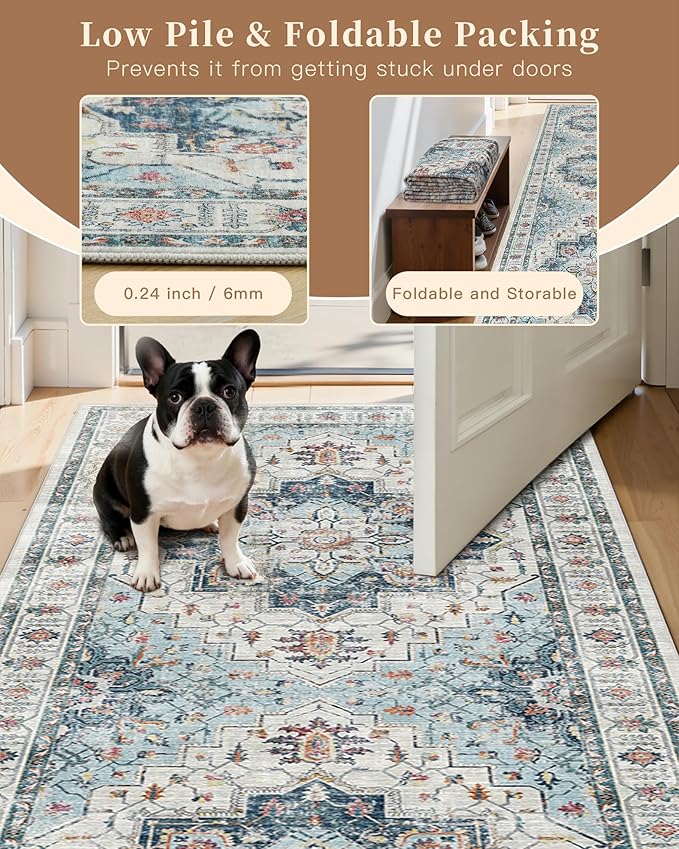 Madane Hallway Runner Rug 3x6 - Washable Kitchen Rugs Entryway Rug Runner Vintage Soft Floor Mat Non Slip Indoor Farmhouse Carpet for Bathroom Living Room Bedroom (3 X 6, Blue)