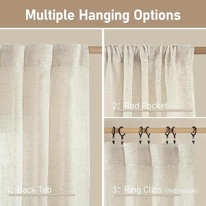 LAMIT 54 Inch Short Window Linen Curtains, Cream Ivory Light Filtering Panels Back Tab and Rod Pocket Neutral Drapes for Bedroom/Living Room, Natural, 2 Panels, 34 x 54 Inch