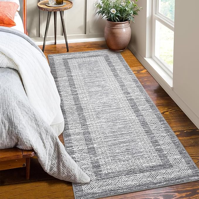 GarveeHome 2.5x8 Modern Bordered Runner Rug Soft Non Slip Washable Floor Carpet Distressed Geometric Hallway Indoor Printed Rug for Kitchen Entrance, Gray