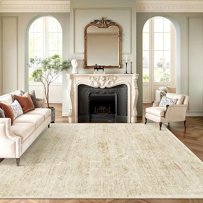 Washable Area Rug 9x12, Large Soft Rugs for Living Room Vintage Beige Rug 9x12 Area Rugs for Bedroom Dining Room Floral Non-Slip Thin Rug
