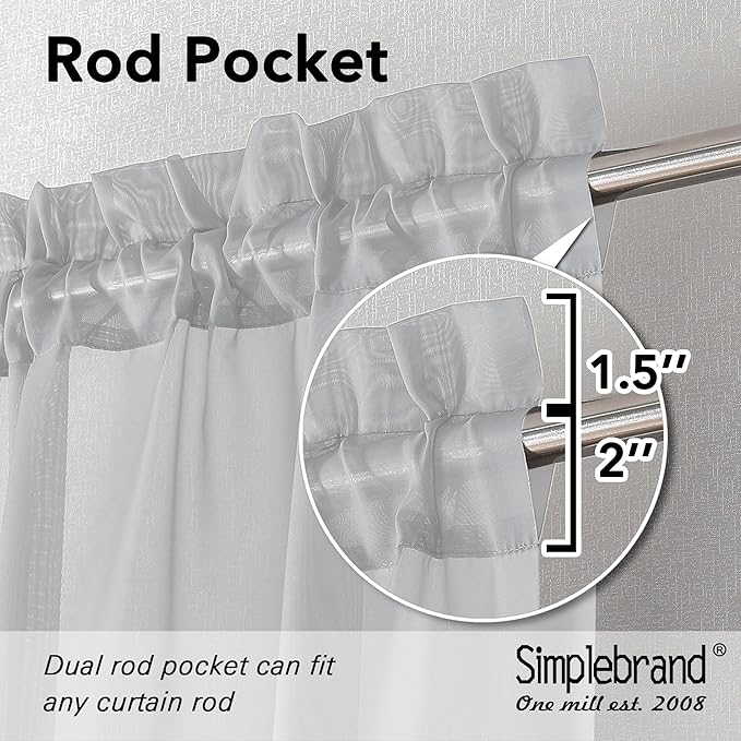 Simplebrand Light Grey Sheer Curtains 63 Inch Length 2 Panels, Rod Pocket Solid Color Window Sheer Curtain Panels, Elegant Curtains & Drapes for Living Room, Bedroom 2 Panels (42" W x 63" L)