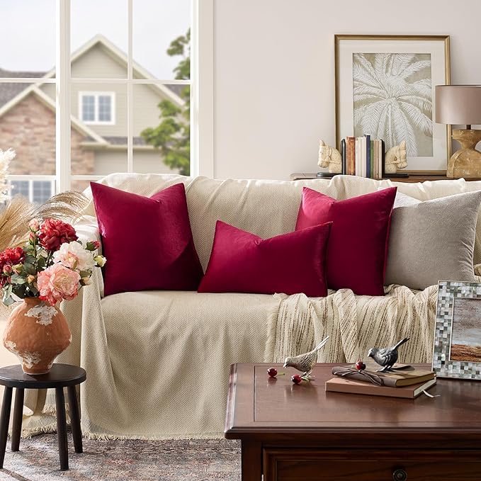 GIGIZAZA Burgundy Velvet Pillow Covers: Pack of 2 Lumbar Throw Pillows Soft Solid Covers - Decorative 12x20 Couch Small Cushion Covers Used for Chrismas Room Decor,Living Room,Bedroom