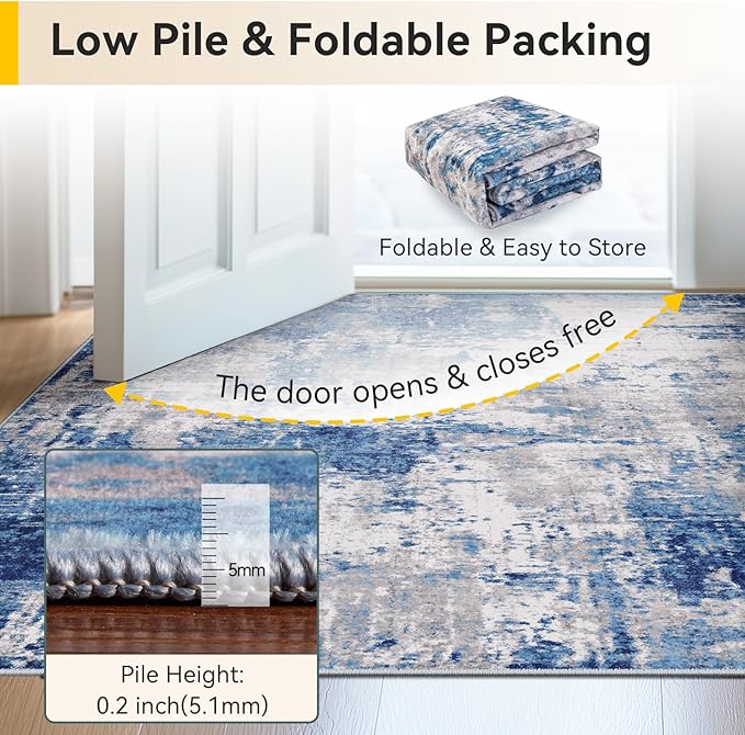 Washable Area Rugs 3x9 Non-Slip Modern Abstract Soft for Living Room Entryway Bedroom Nursery, Print Pattern, Blue Grey Navy Gray