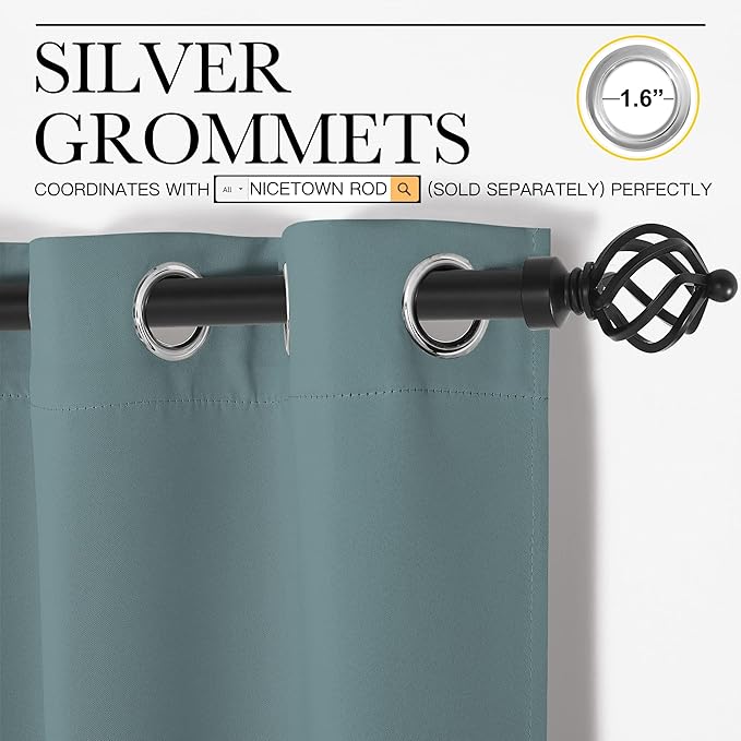 NICETOWN Modern Blackout Curtains Noise Reducing, Thermal Insulated and Privacy Room Darkening Drape Panels for Boy's Guest Room Door Small Short Window (Greyish Blue, 2 Panels, W34 x L48 -Inch)