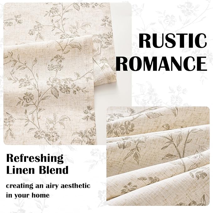Lazzzy Linen Farmhouse Curtains Grey Floral Curtains 63 Inch Long Back Tab Drapes for Living Room Bedroom Light Filtering Country Vintage Rod Pocket Curtain, 2 Panels, Gray on Beige